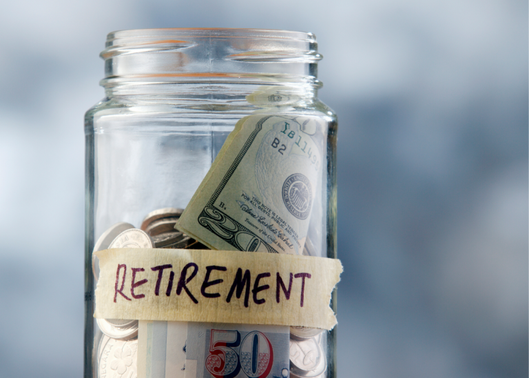 An image of a jar with money in it and a label that says "retirement"