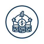 A navy blue circle with an icon in the center showing coins, arrows pointing up and a small chart showing growth