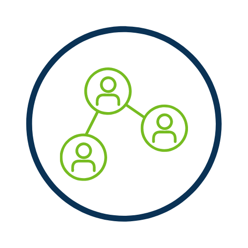 Blue circle with green graphic of three connected people