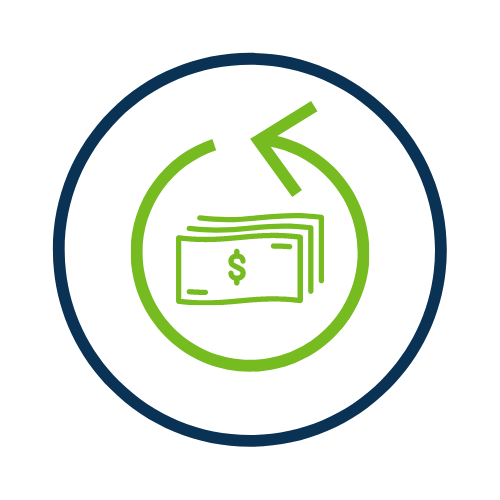 Blue circle with a green graphic of money and a backup-arrow around it