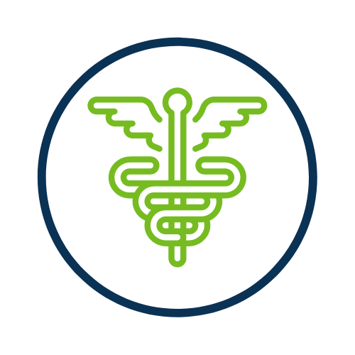 Blue circle with green graphic of a health emblem
