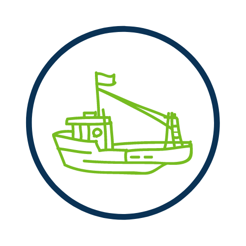 Blue circle with green graphic of a fishing boat