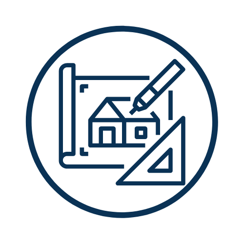 an icon of a construction plan that has a piece of paper with a pen drawing a house and a triangle measuring tool at the bottom