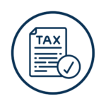 an icon showing a piece of paper and at the top it says "tax" and in the bottom right, there is a circled check mark