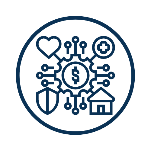 circle with a money sign in a gear in the middle and lines coming out pointing to a heart, a healthcare cross, a shield, and a building