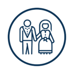 a blue icon of a man and woman holding hands wearing wedding clothing