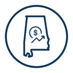An icon of the state of Alabama with a money sign in it
