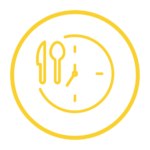 A yellow icon of a clock with a fork and knife on it