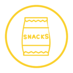 A yellow icon of a bag that say "snacks" on it
