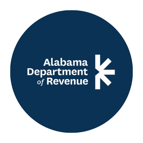 A navy blue circle with the Alabama department of Revenue icon in the center