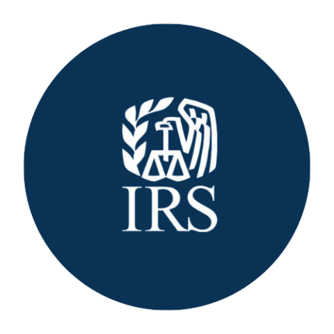A navy blue circle with the Internal Revenue Service icon in the center