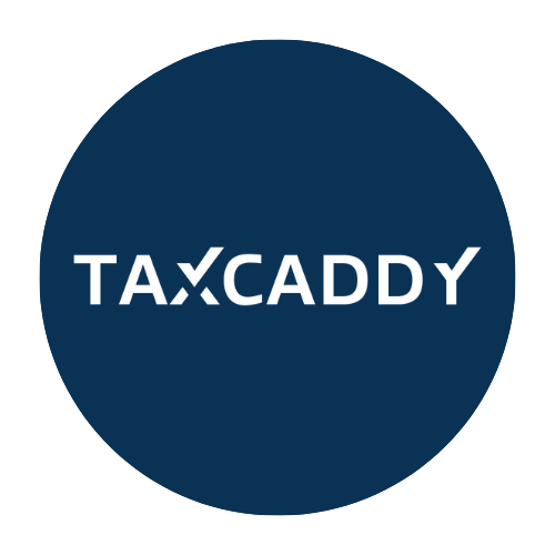 A navy blue circle with the TaxCaddy software in the center
