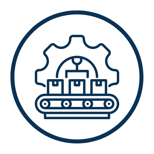 An icon of a gear and boxes on a conveyer belt