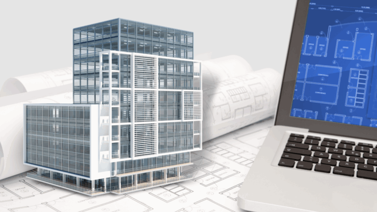 A rendering of a building next to a laptop showing the building plans.