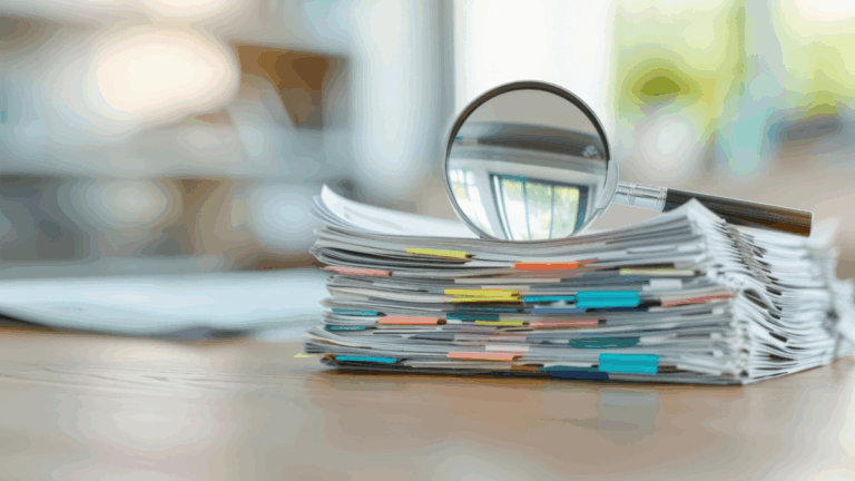 A pile of papers with a magnifying glass on top.