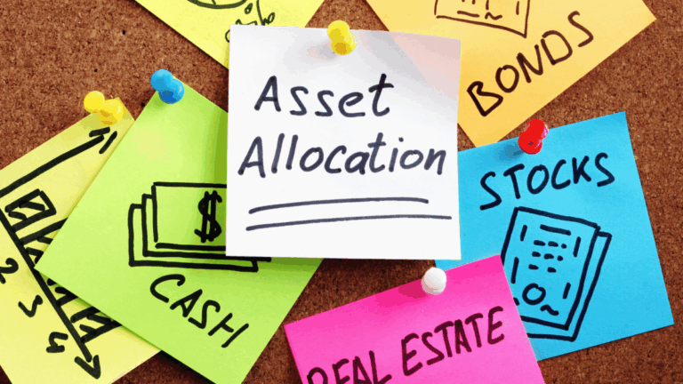 Brightly colored post-it notes pinned to a board. They say things like "asset allocation", "real estate", Cash", "bonds".
