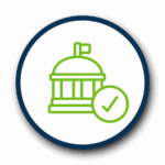 A blue circle with an icon of a government building and checkmark inside in the color green