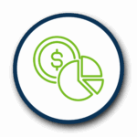 A blue circle with an icon of a pie chart and money symbol inside in the color green