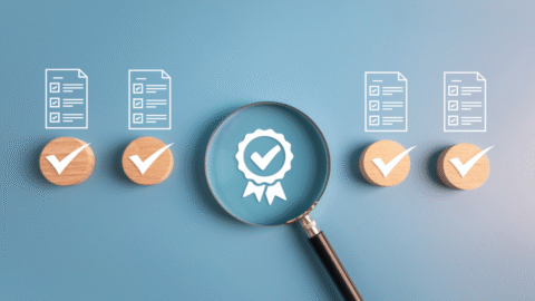 An image of documents with check marks under them and in the middle is a magnifying glass with a badge.