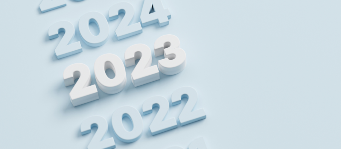A light blue background with years going in a diagonal line - most are grey but 2023 is white.