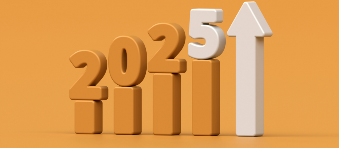 An orange background. The numbers 2-0-2-5 are orange and on pedestals, except the 5 is white and next to it is a white arrow pointing up.