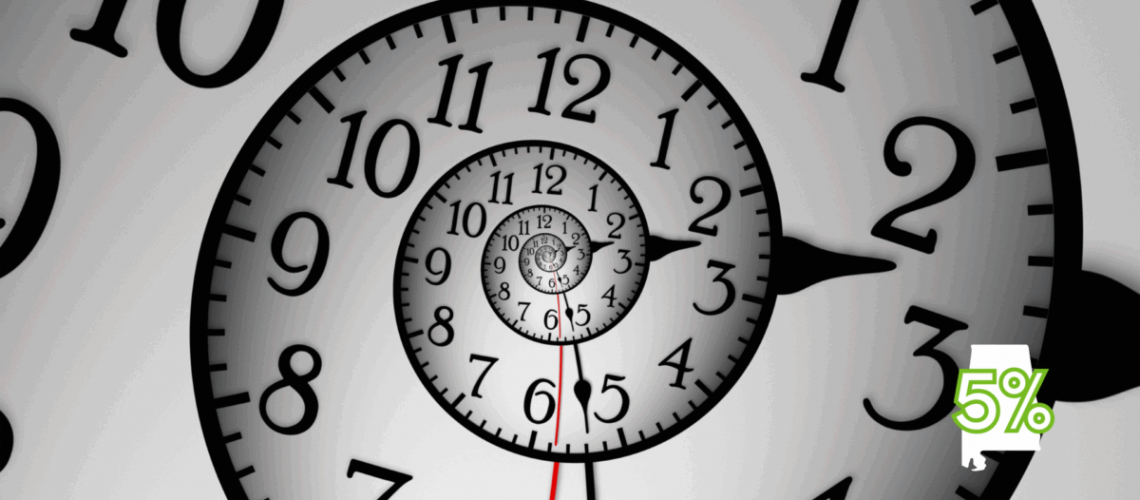 A spiraling clock and in the corner is a