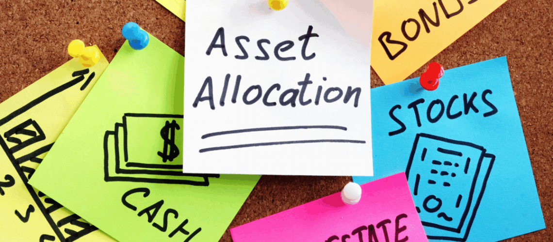 Brightly colored post-it notes pinned to a board. They say things like "asset allocation", "real estate", Cash", "bonds".