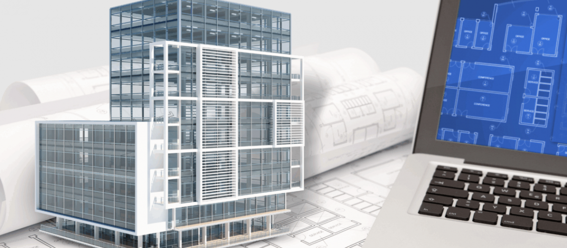 A rendering of a building next to a laptop showing the building plans.