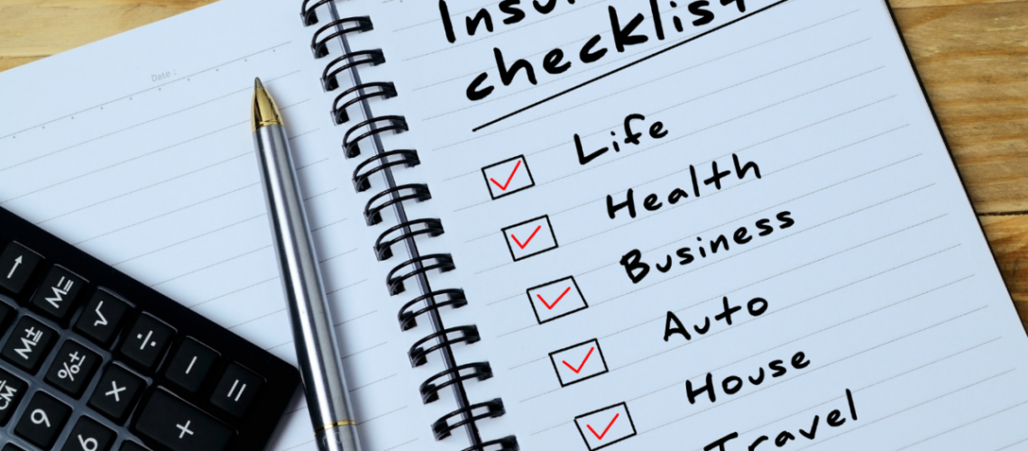 a checklist of insurance including life, health, business, auto, house, and travel